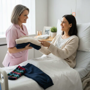 Image of a hospital patient being gifted clothing